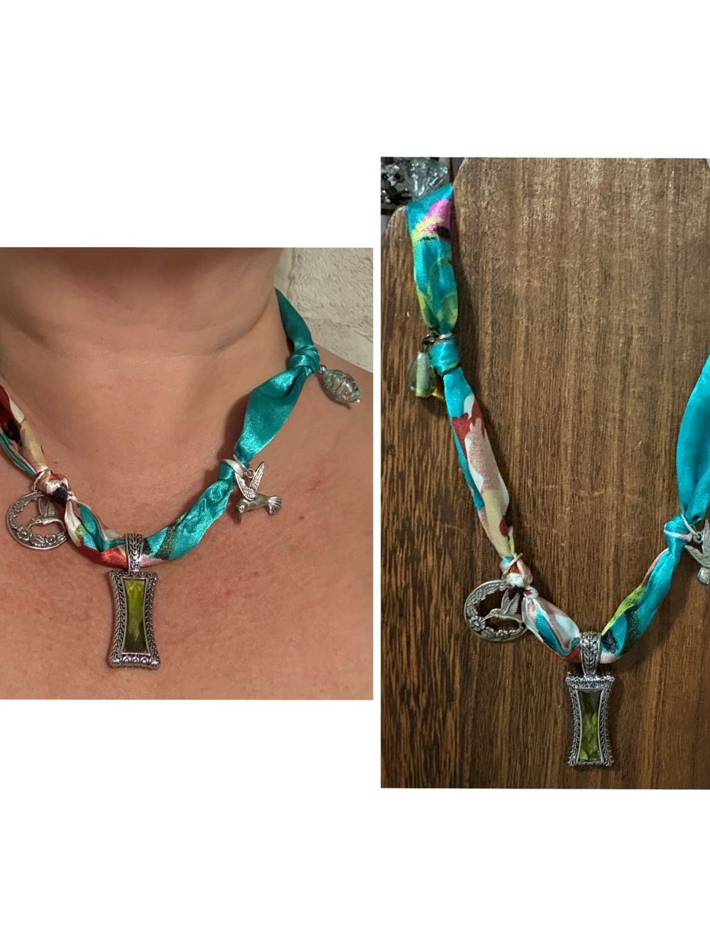 Turquoise Multicolor Silky Style charm Necklace with Green Pendant